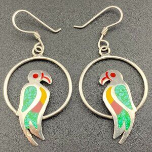 Vtg Sterling Silver 925 Mexico Chip Turquoise Enamel Inlay Parrot 1.6" Earrings